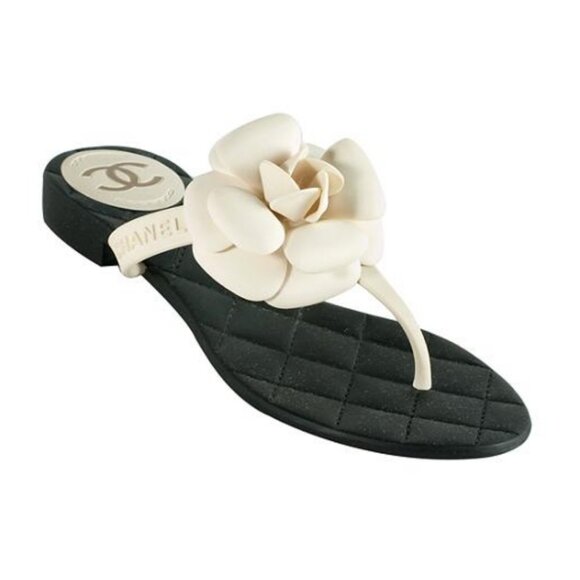 Chanel EUC Size 40 Black and Ivory Camellia Thong Sandals - Picture 1 of 12